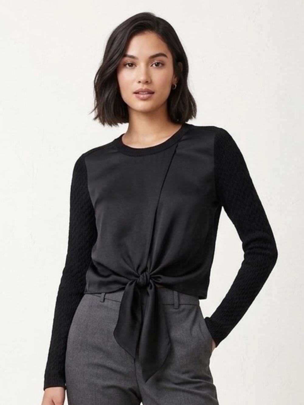 CAbi Crosstie Pullover Sweater Black Long Sleeve Tie-Front Top, size large